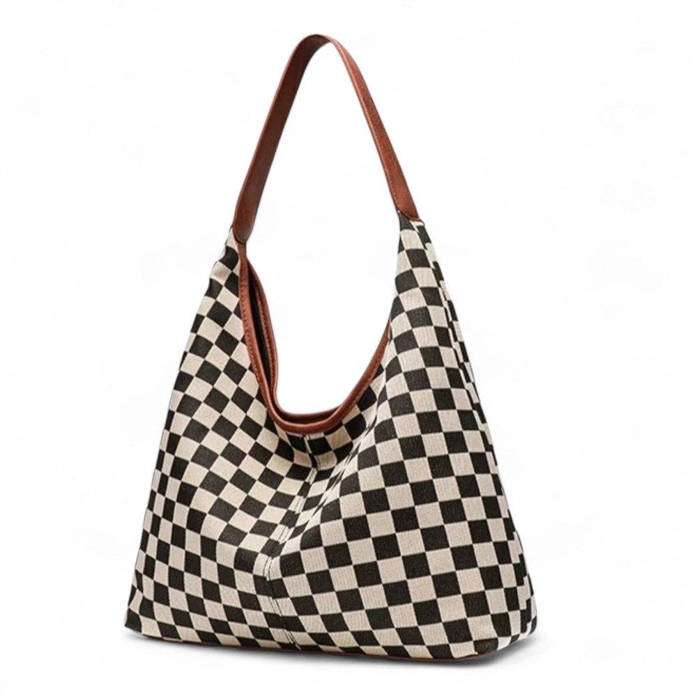 Hobo Style Purse - Checkered Bag - Black Brown Slouch Shoulder Bag NWT Unbranded